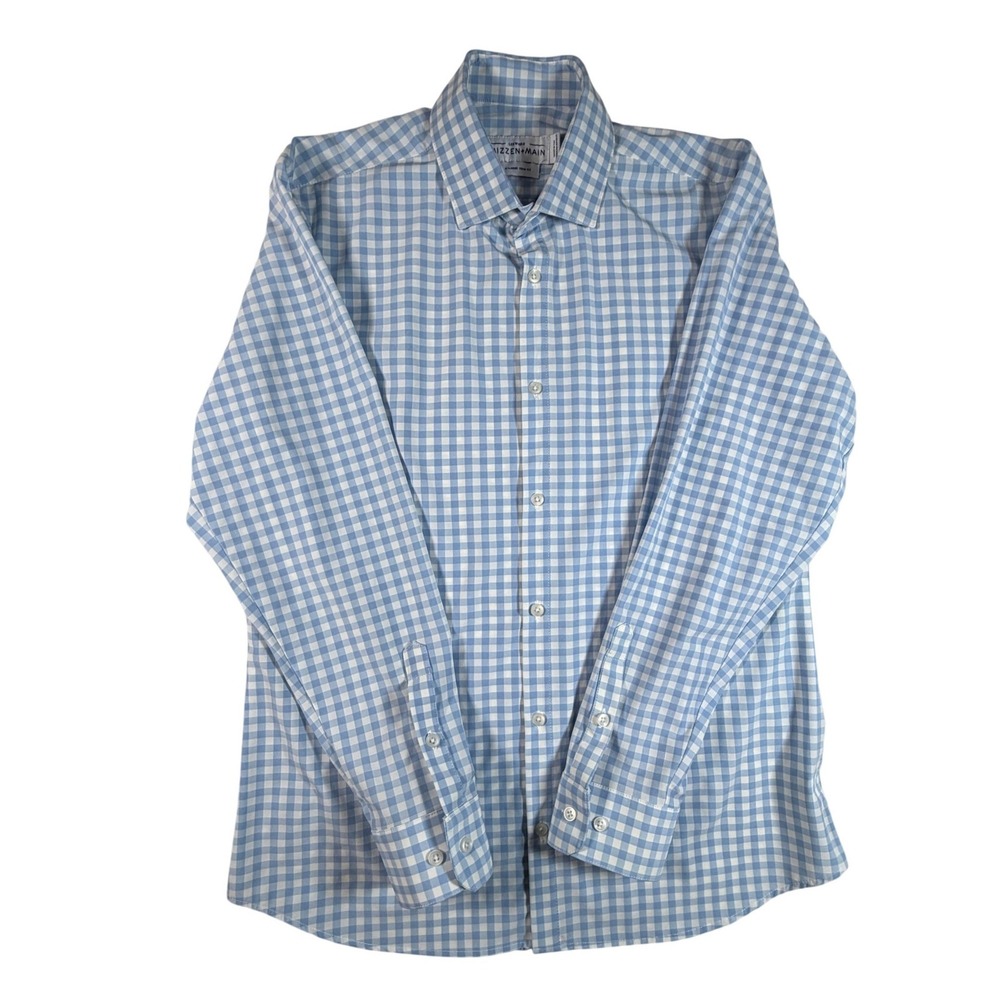 Mizzen+Main Leeward Trim Fit Dress Shirt Mens XL Blue White Gingham Performance